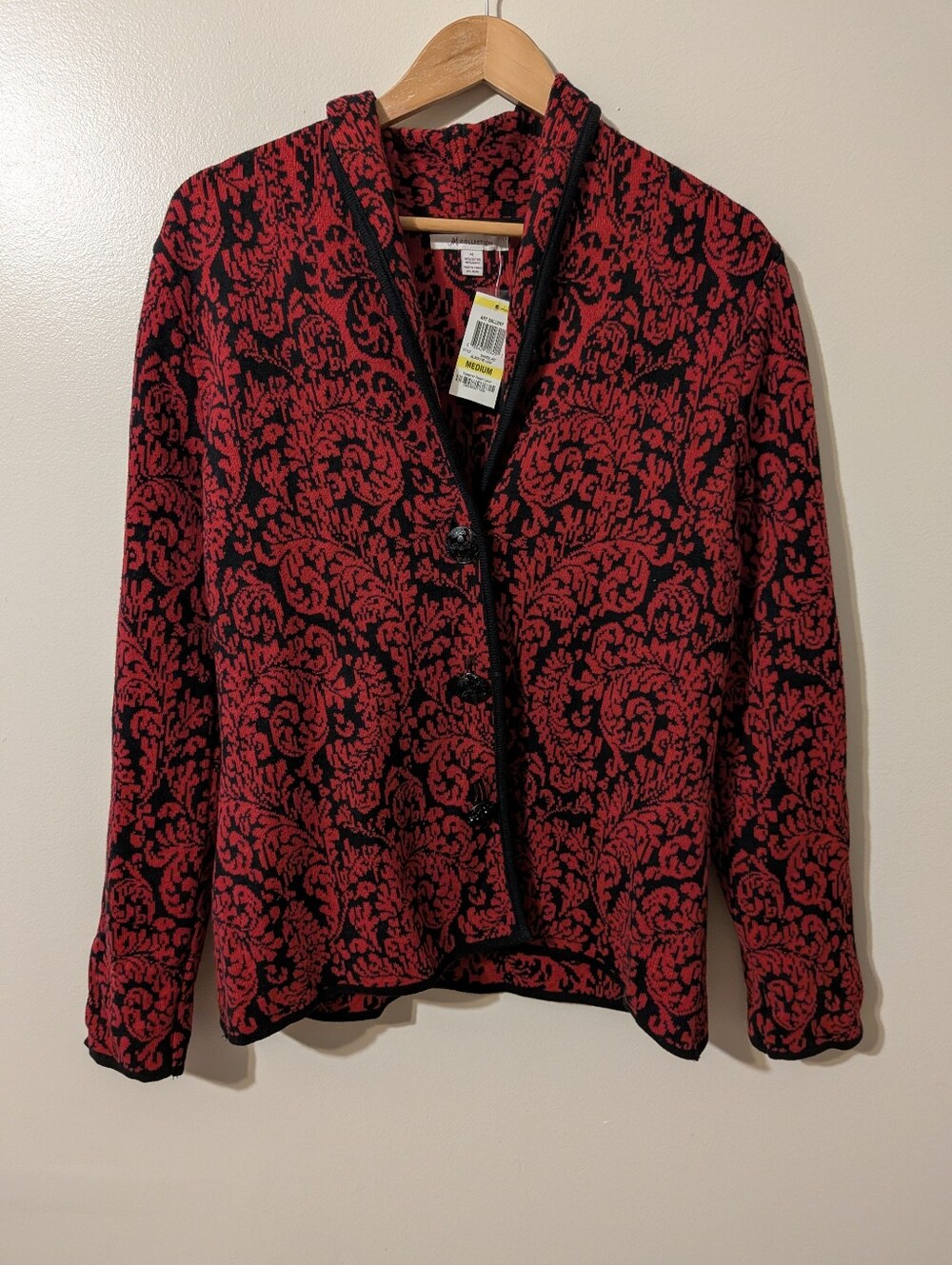 JM Collection NWT Red Black Paisley Buttoned Knit Shawl Vneck Cardigan Sweater M